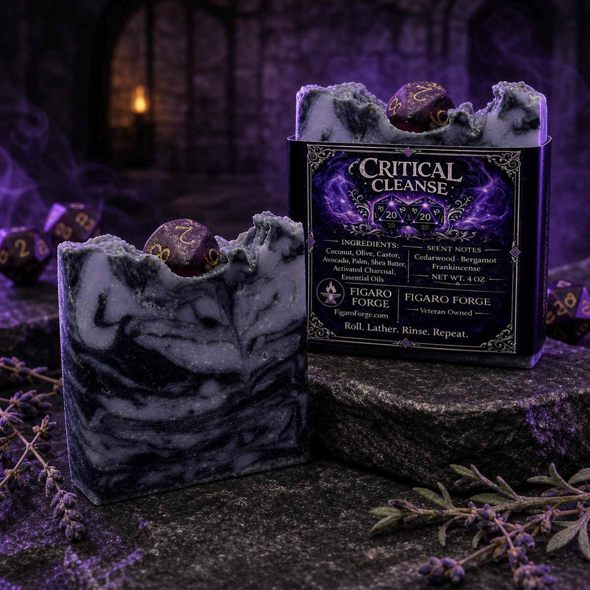 Critical Cleanse activated charcoal D20 soap bar by Figaro Forge