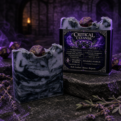 Critical Cleanse activated charcoal D20 soap bar by Figaro Forge