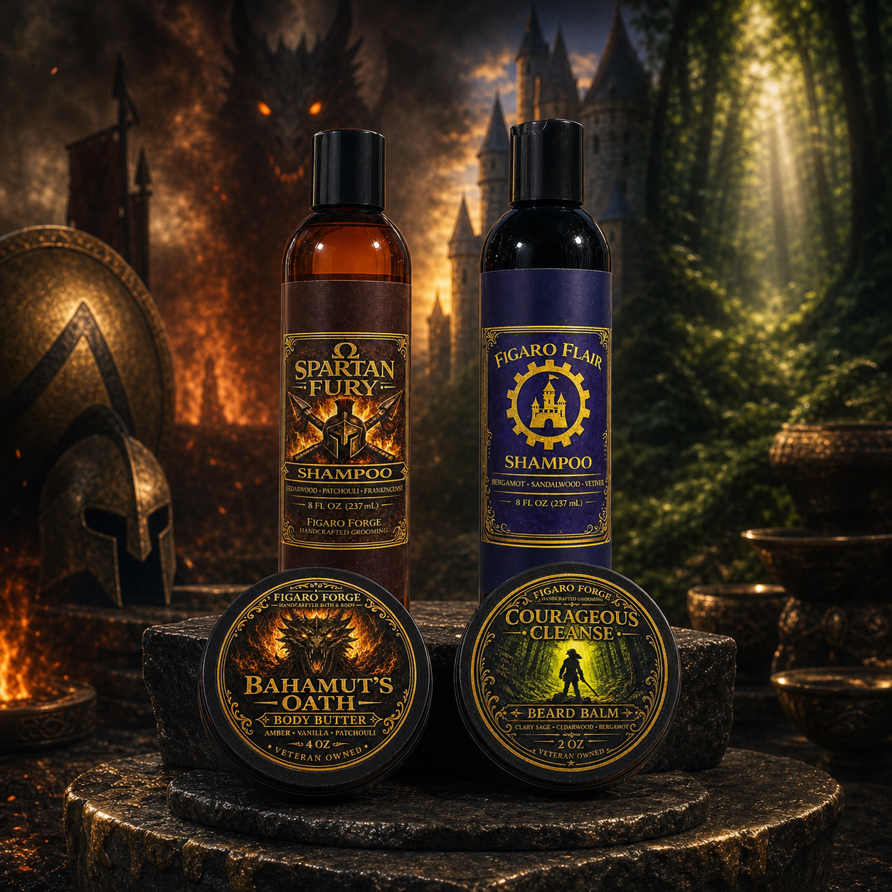 Figaro Forge products from Spartan Fury, Figaro Flair, Bahamut’s Oath, and Courageous Cleanse displayed across four fantasy-inspired scent worlds.
