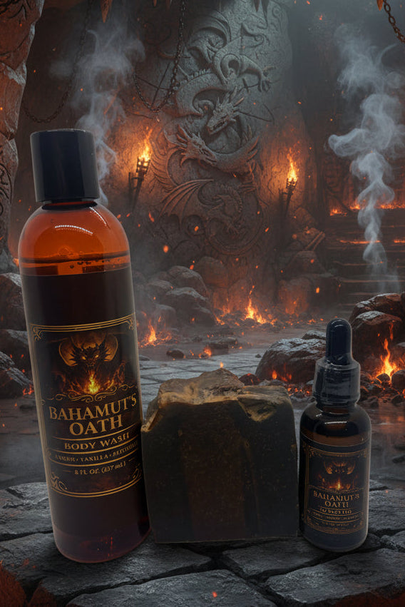 Three products from Bahamut's Oath brand including a bottle, soap bar, and dropper bottle on a white background.