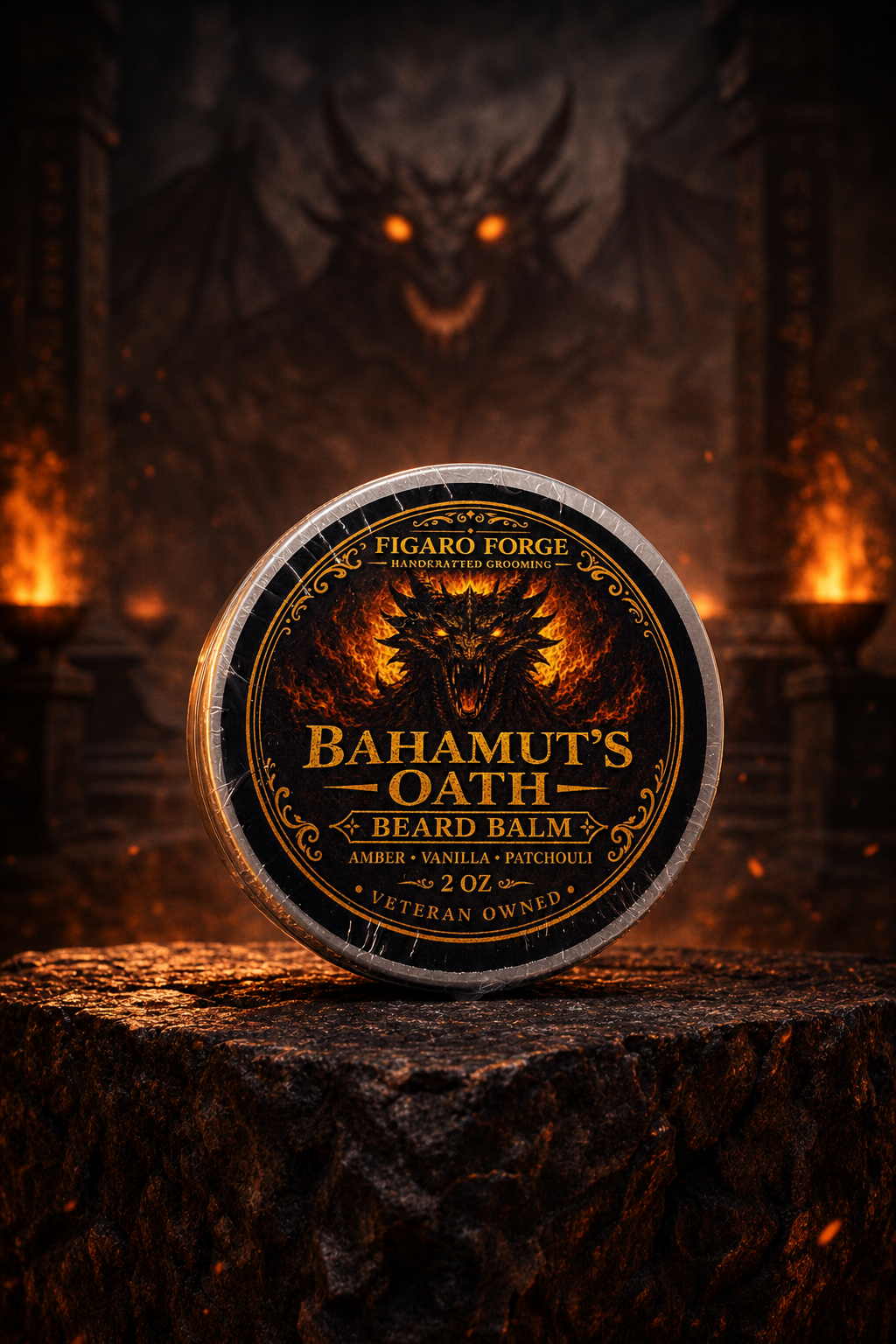 Bahamut’s Oath beard balm in a dragon-fire chamber by Figaro Forge
