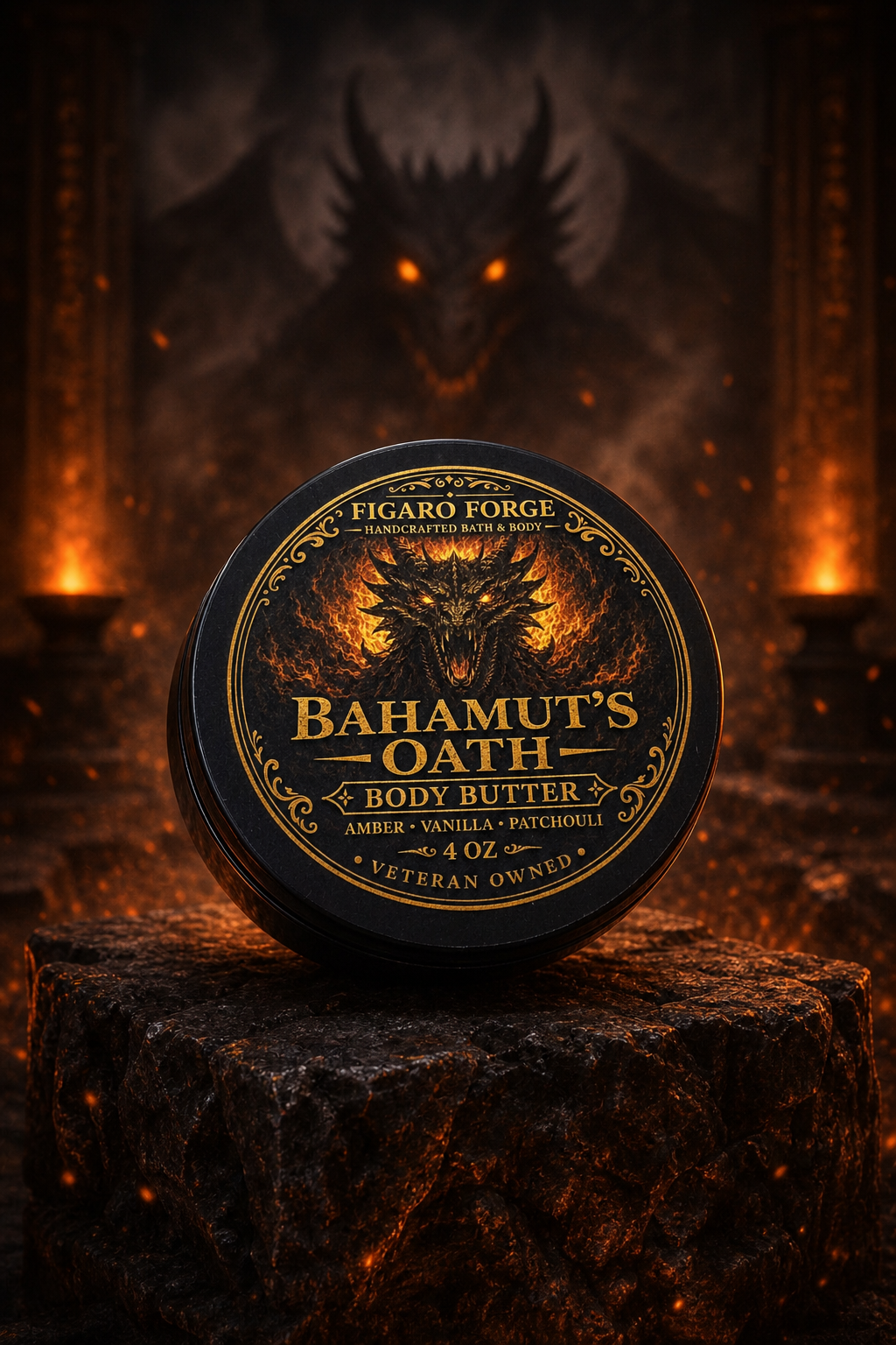 Bahamut’s Oath body butter in a dragon-fire chamber by Figaro Forge
