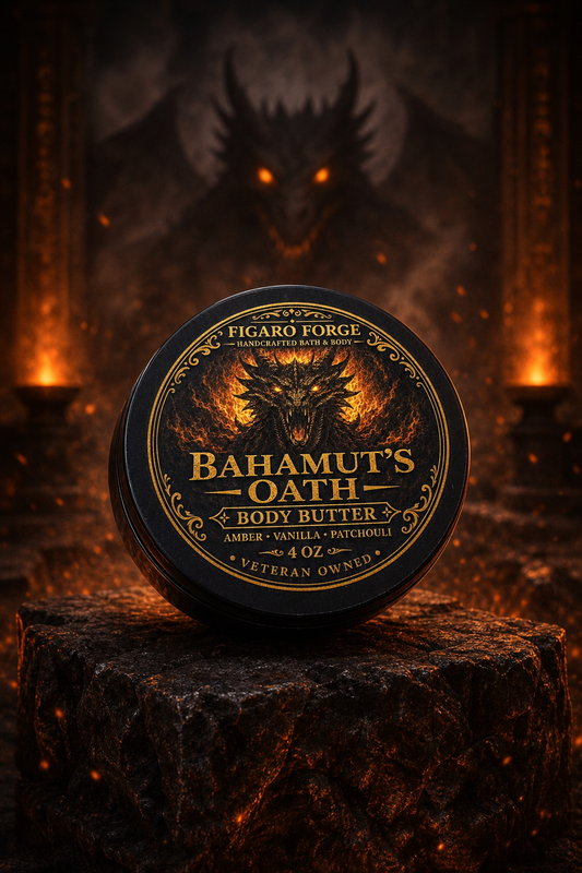 Bahamut’s Oath body butter in a dragon-fire chamber by Figaro Forge