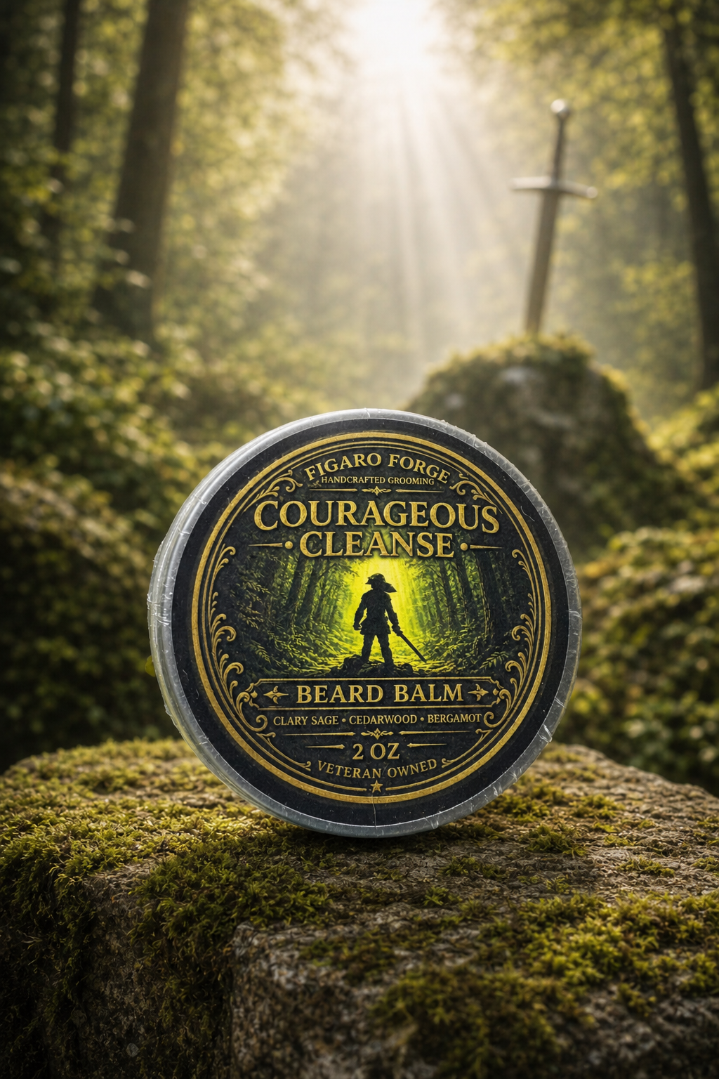 Courageous Cleanse beard balm in an enchanted forest by Figaro Forge