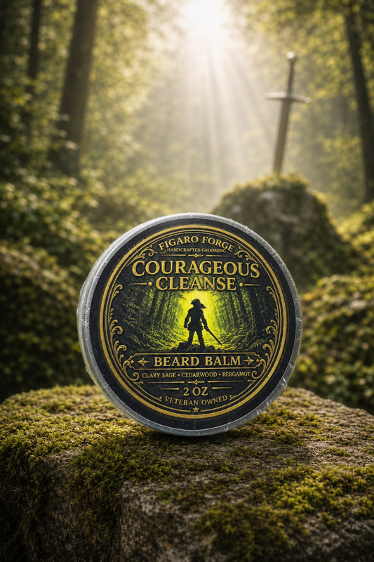 Courageous Cleanse beard balm in an enchanted forest by Figaro Forge