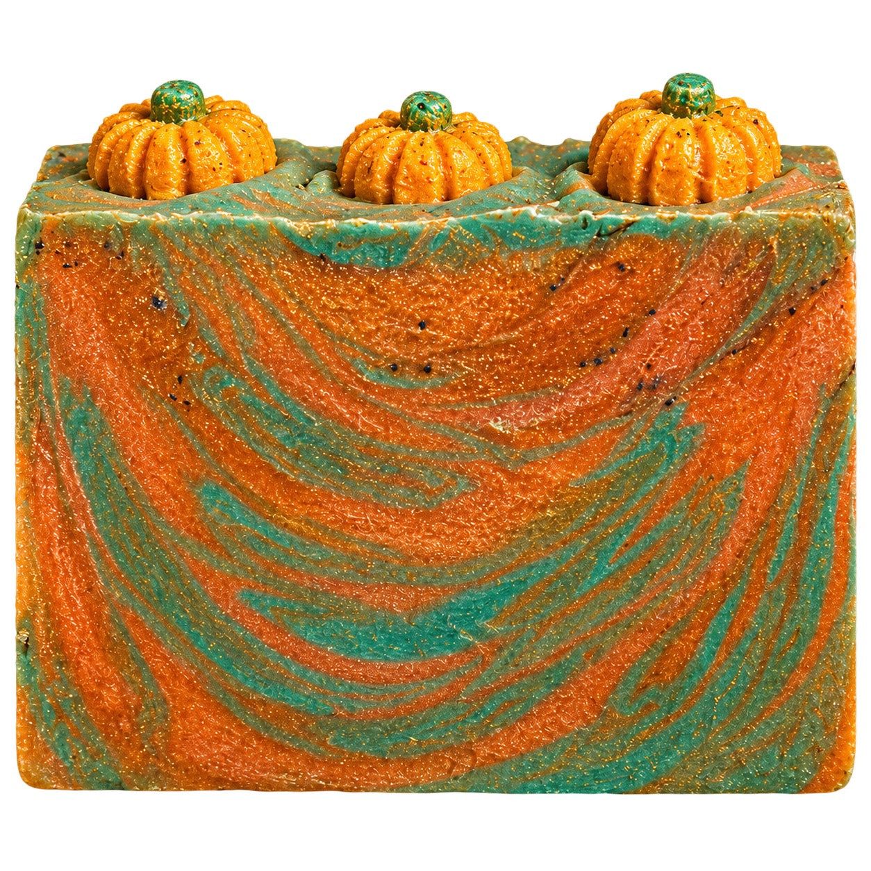 Orange and forest-green pumpkin-topped cold-process soap sample for a Figaro Forge Halloween workshop