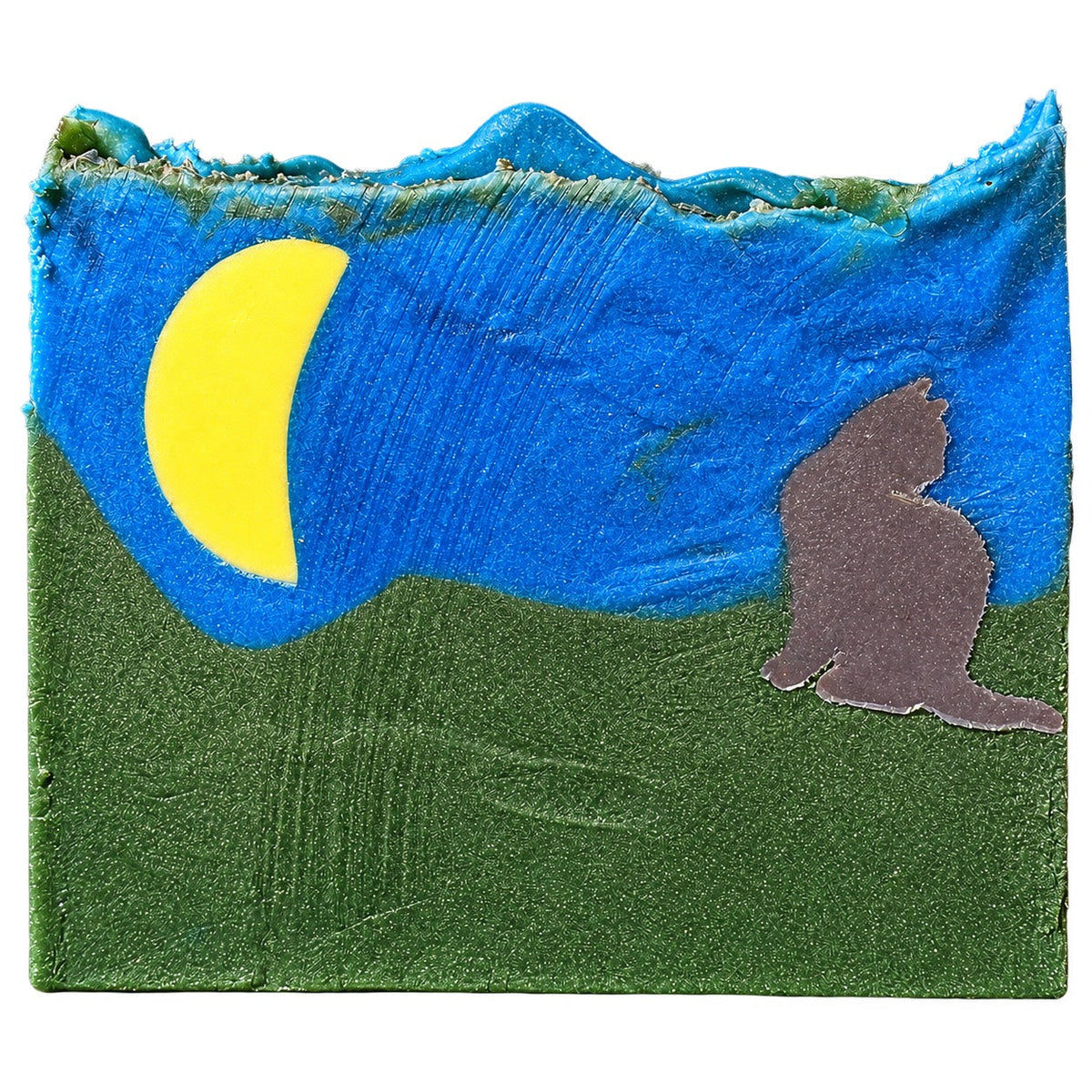 Blue moonlit cold-process soap with a crescent moon and black cat for a Figaro Forge Halloween workshop