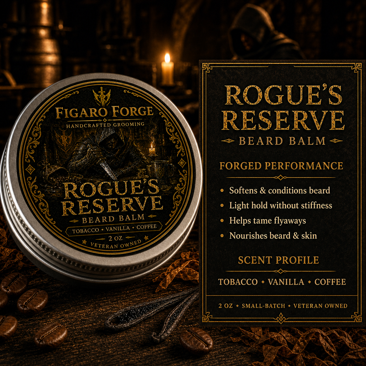 Rogue's Reserve beard balm benefits and tobacco vanilla coffee scent profile