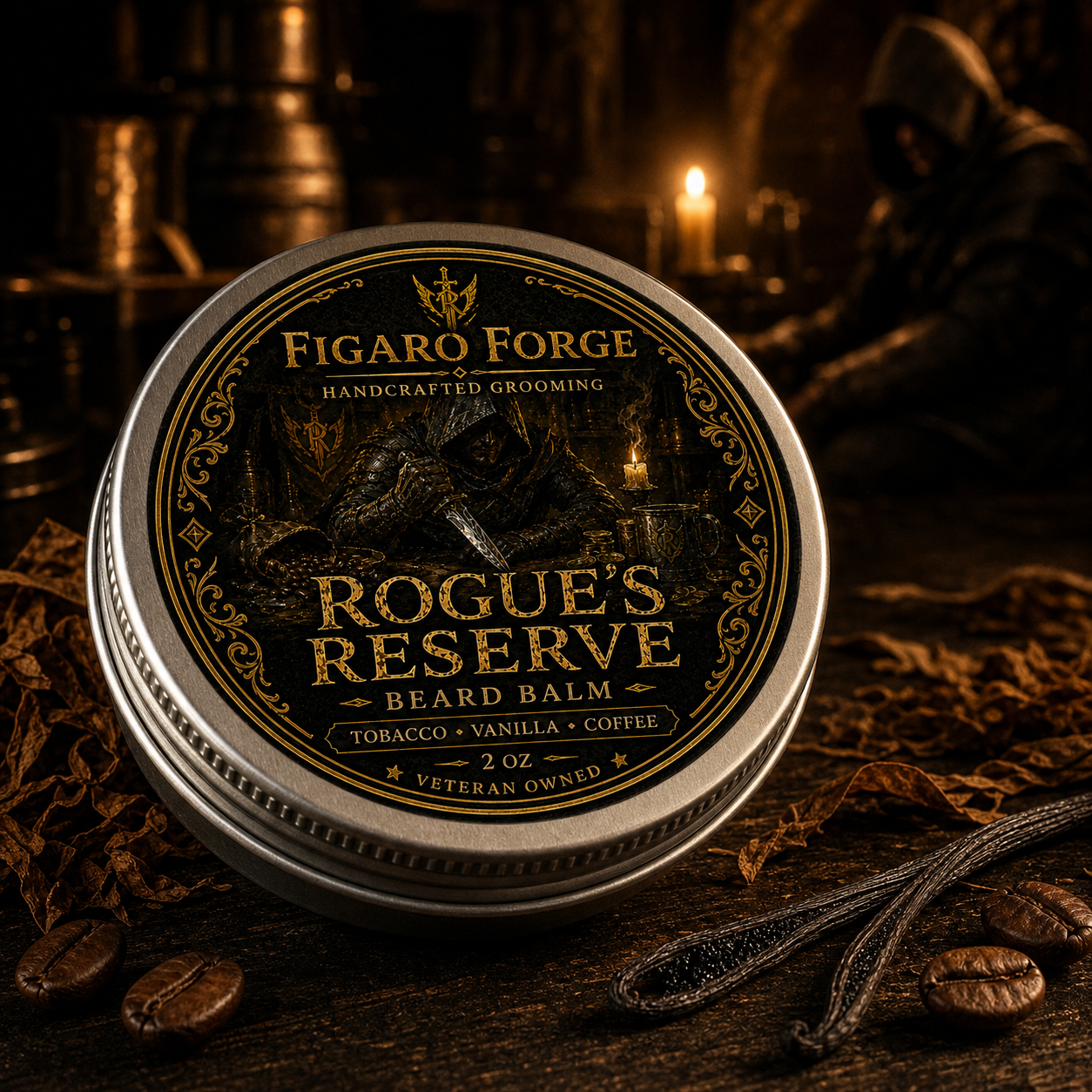 Rogue's Reserve 2 oz beard balm in a candlelit rogue's tavern by Figaro Forge