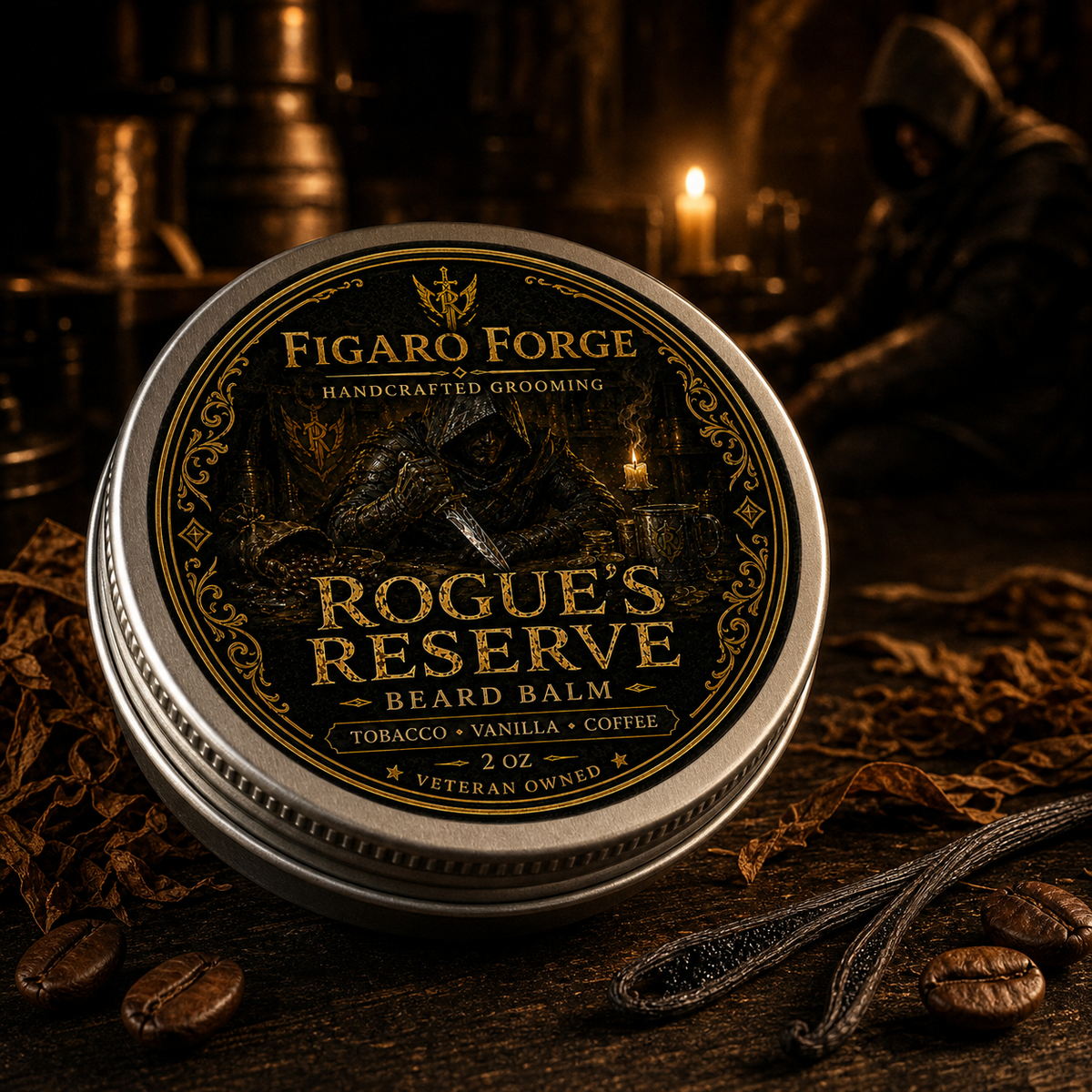 Rogue's Reserve 2 oz beard balm in a candlelit rogue's tavern by Figaro Forge