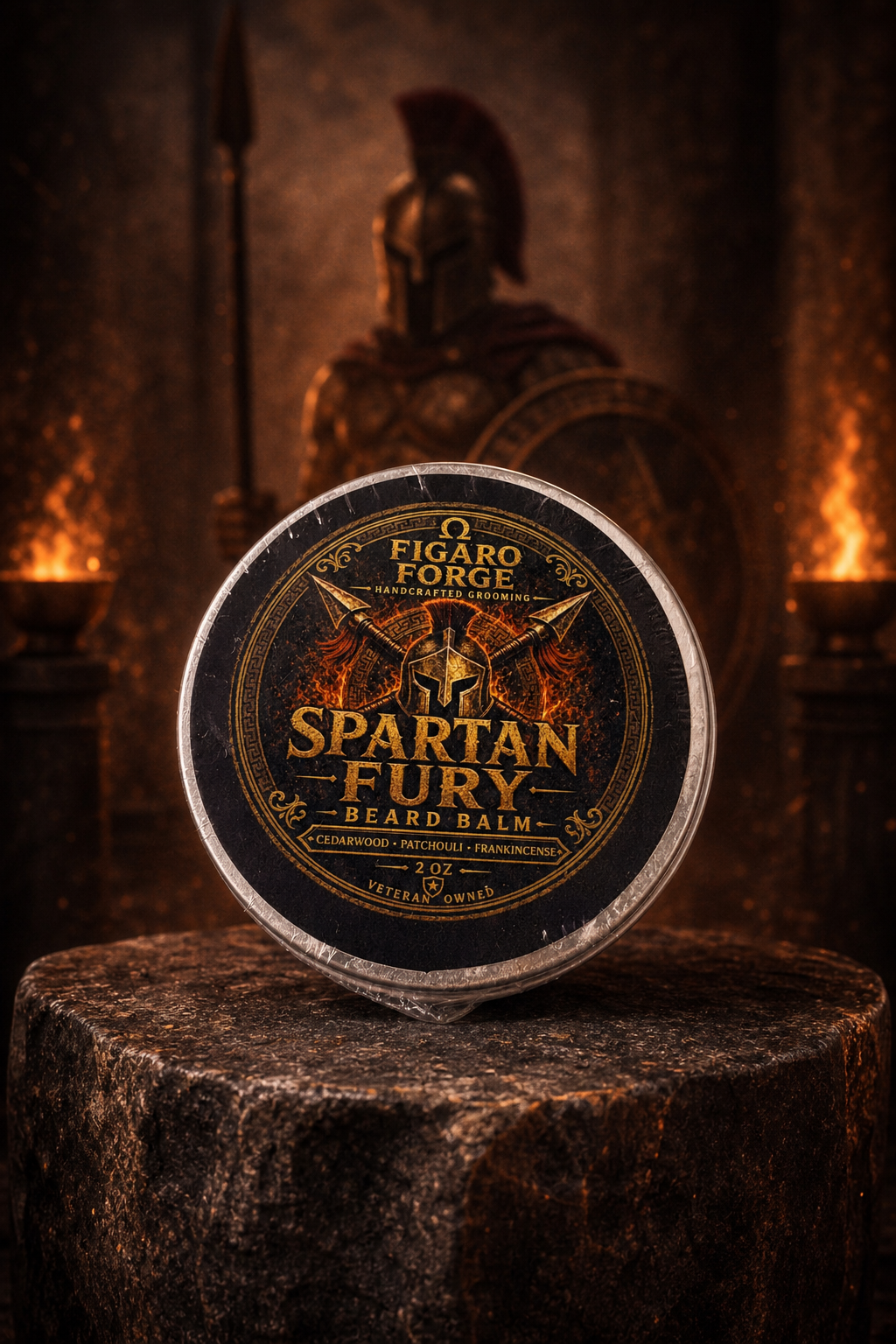Spartan Fury beard balm in an ancient warrior forge by Figaro Forge